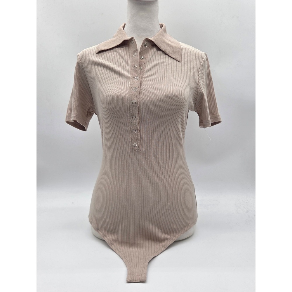 Olivaceous Women's Large Beige Ribbed Polo Bodysuit Snap Front 101-453